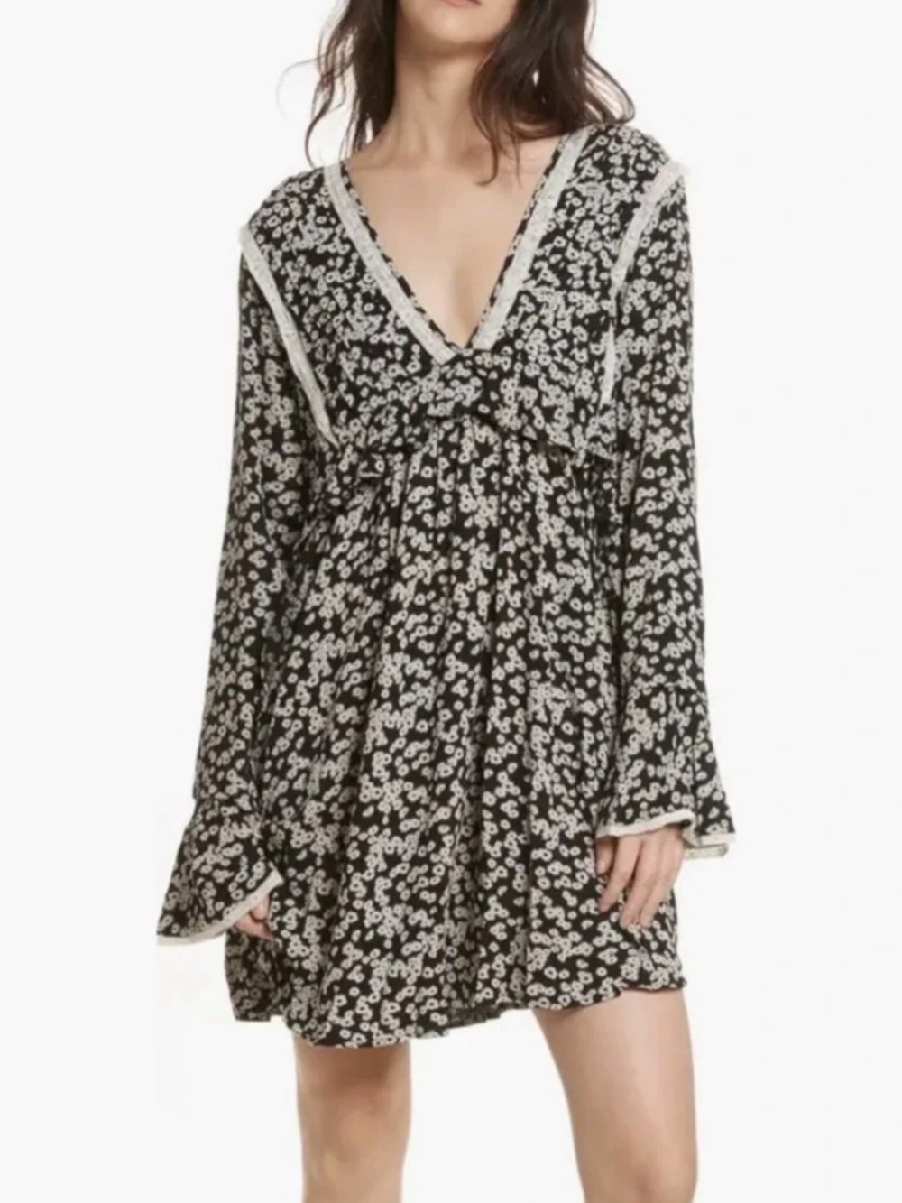 Free People Like You Best Black Floral Bell Sleeve Mini Dress Tunic M